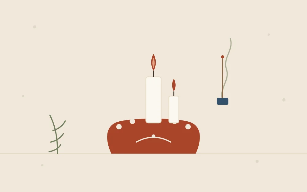 Illustration of a hand-painted candle holder with a lit incense stick