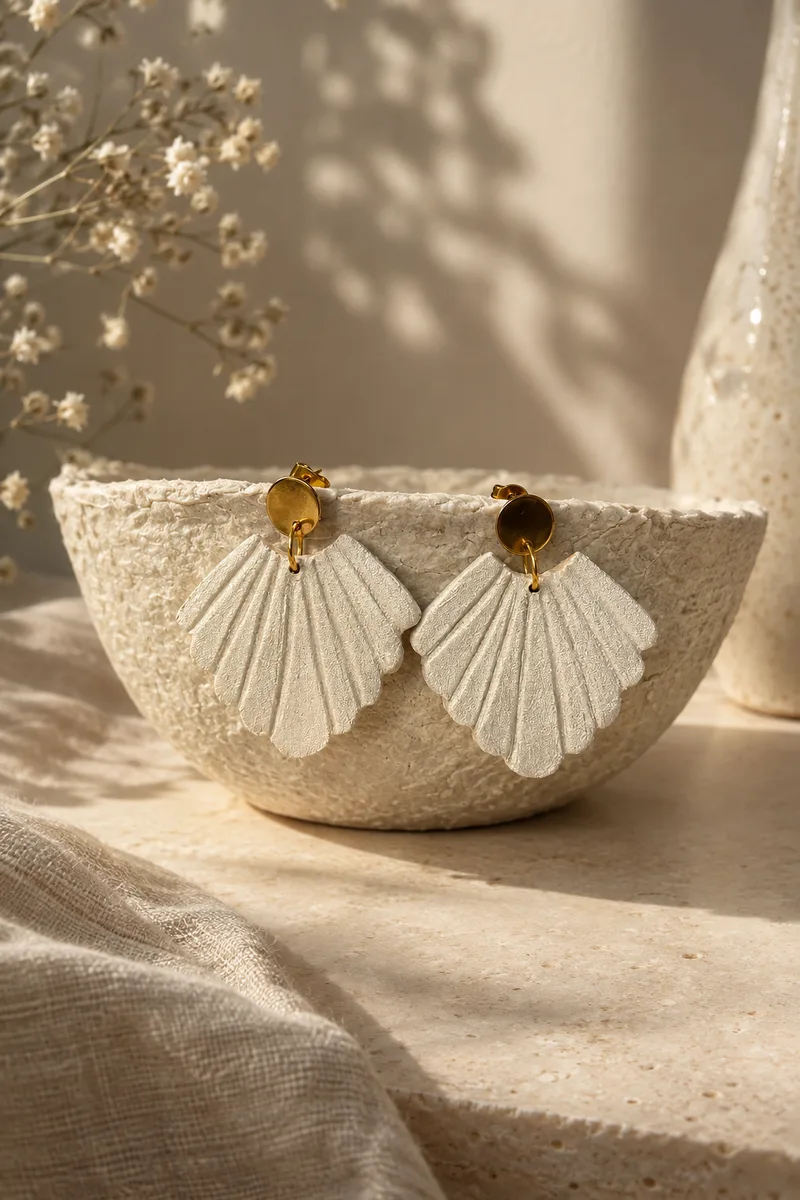 Cream textured shell-fan shaped earrings