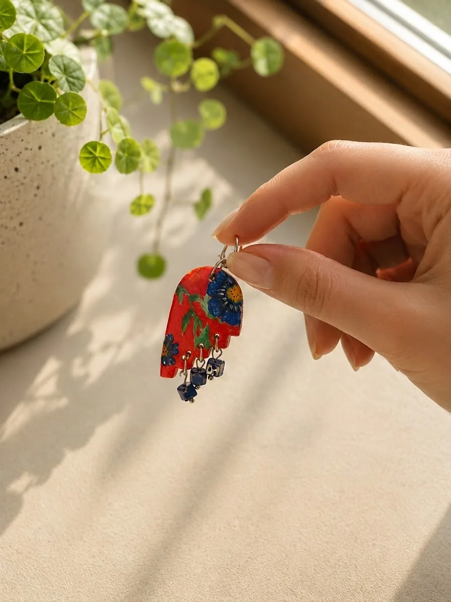 Holding a hand-painted earring by the window