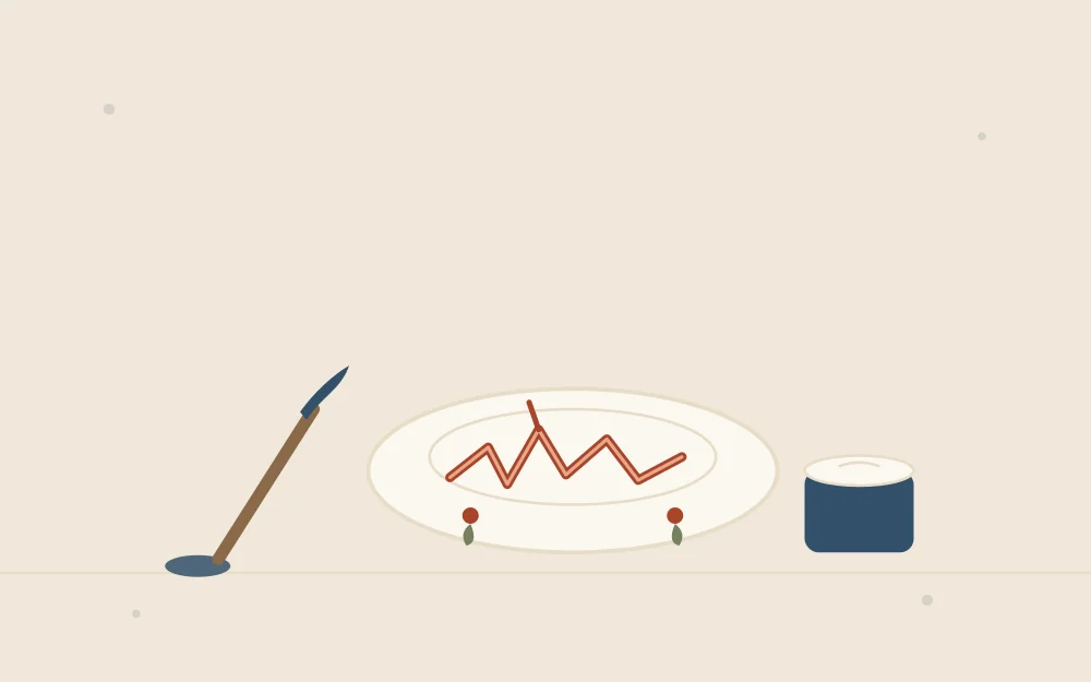 Illustration of a repaired plate with visible painted mend lines