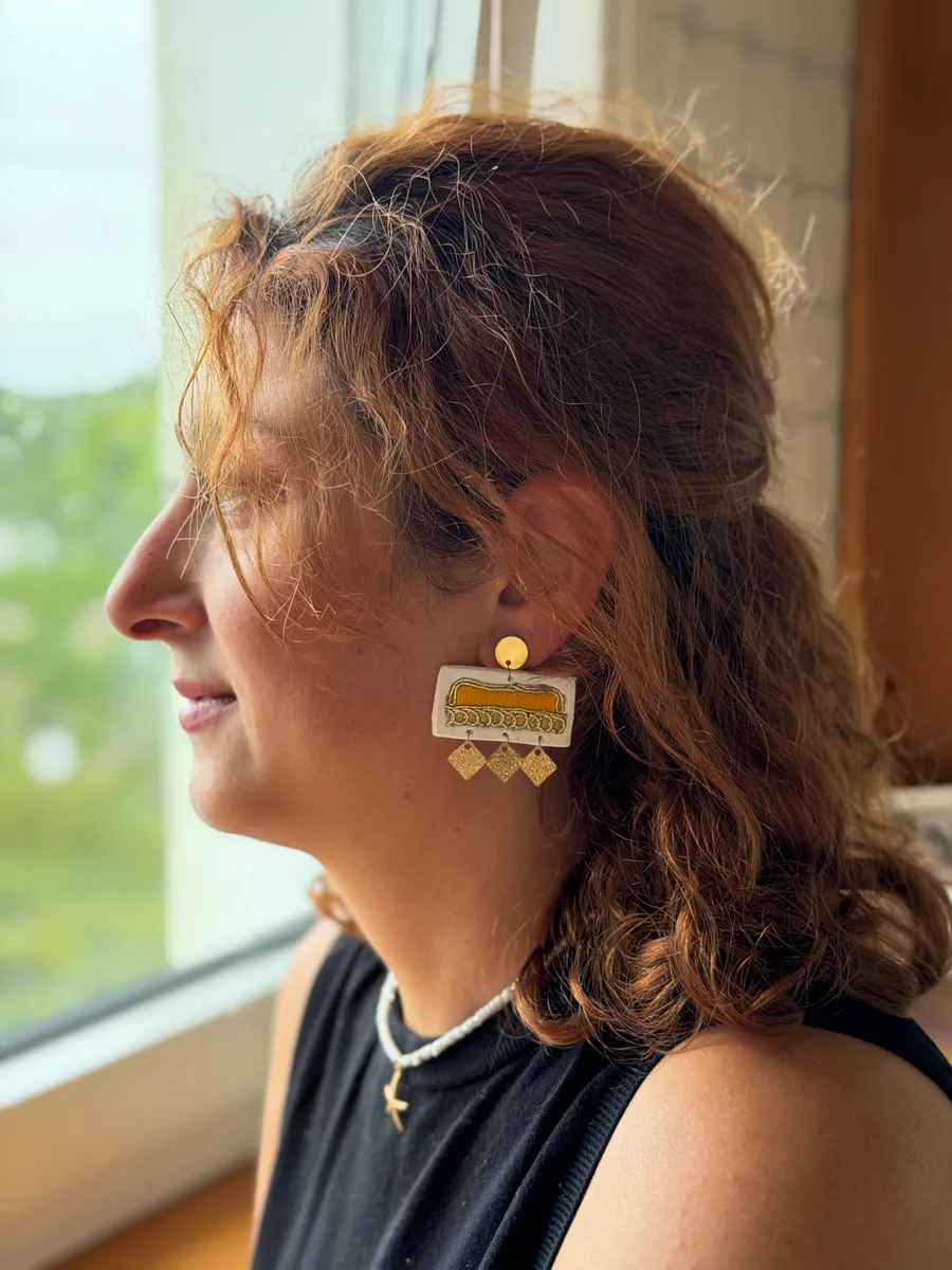 Mustard rectangle earrings with gold diamond drops
