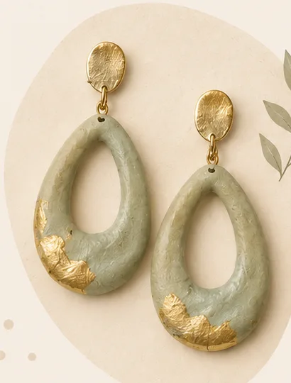 Sage green teardrop earrings with gold leaf detail