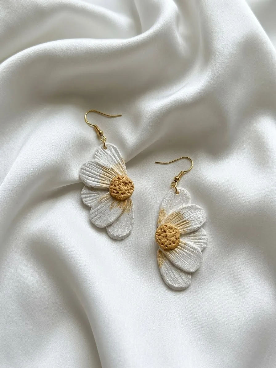 White daisy earrings with gold textured center