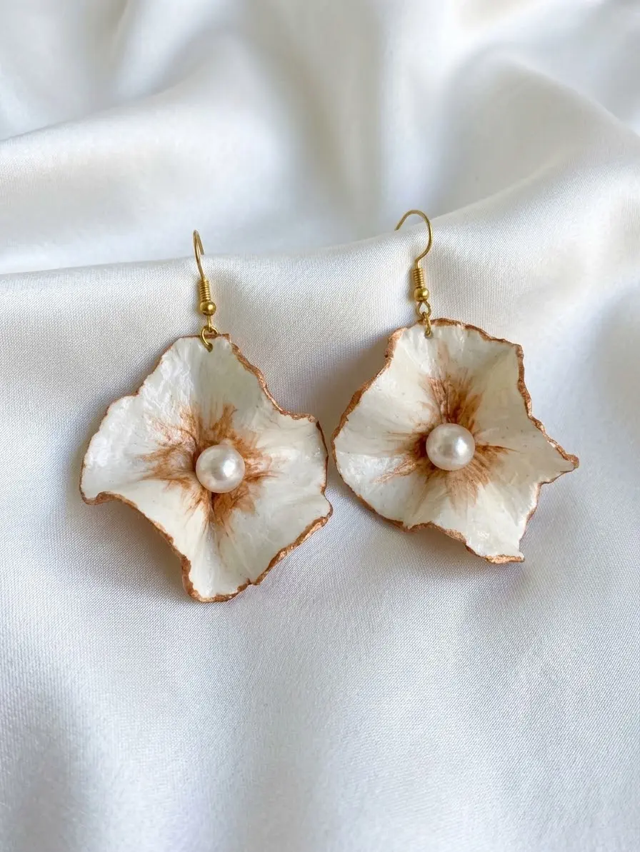 White ruffled flower earrings with pearl center