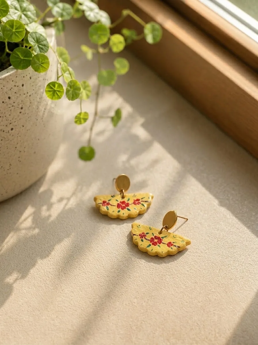 Yellow fan-shaped earrings with floral pattern